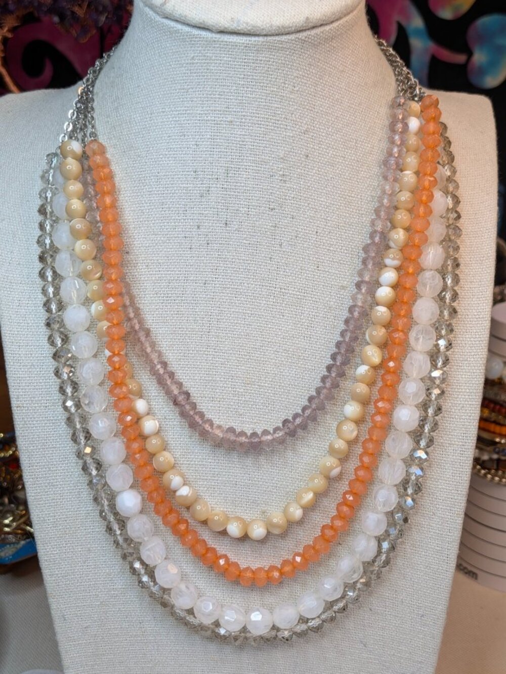 NY & Co. Multi‑Strand Beaded Necklace – Orange, Cream & Crystal Layers